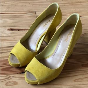 💛Pollini Yellow Suede Peep Toe Pumps💛